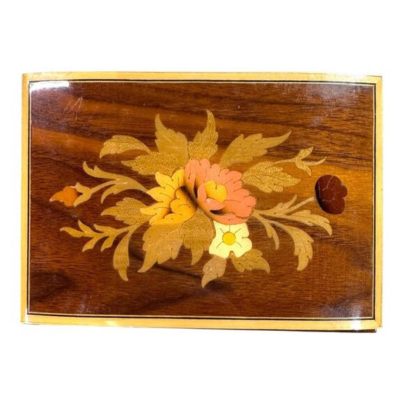 Vintage Reuge Musical Italy Wooden Jewelry Box Floral Inlay Red Velvet Interior - Picture 2 of 11